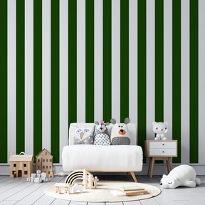 Sage green striped mural wallpaper creating serene atmosphere in children's bedroom decor