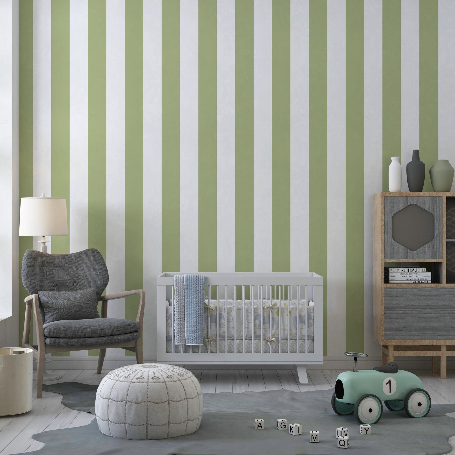 Pastel green striped wallpaper creating calm atmosphere in children's bedroom