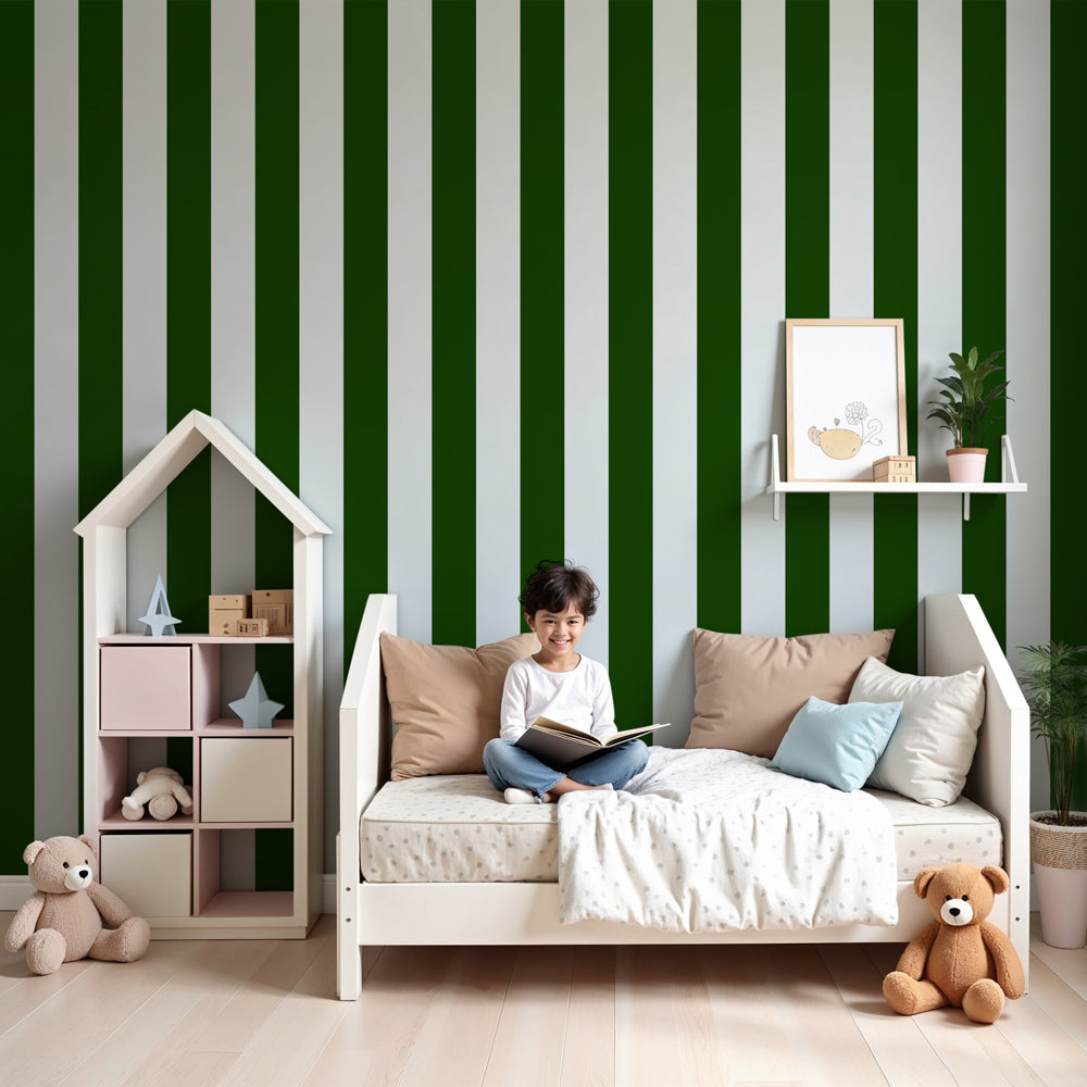 Green and white vertical stripe mural wallpaper in modern nursery with natural wood furniture by Kids-Mundo