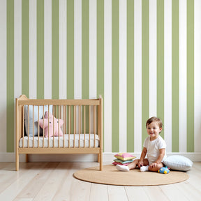 Soft green stripe mural wallpaper in peaceful nursery setting by Kids-Mundo