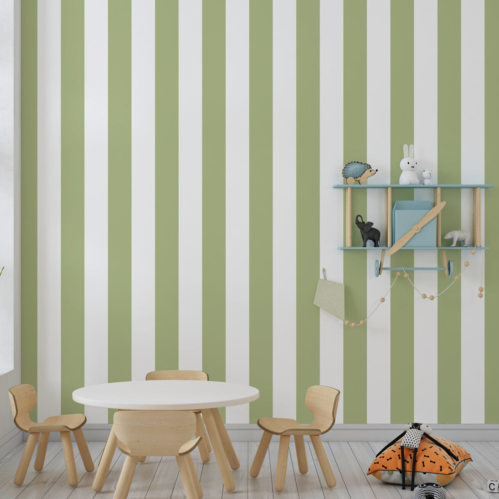 Green stripe wallpaper accent wall in bright kids playroom by Kids-Mundo
