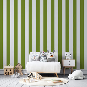 Modern green striped mural wallpaper transforming bright kids playroom space