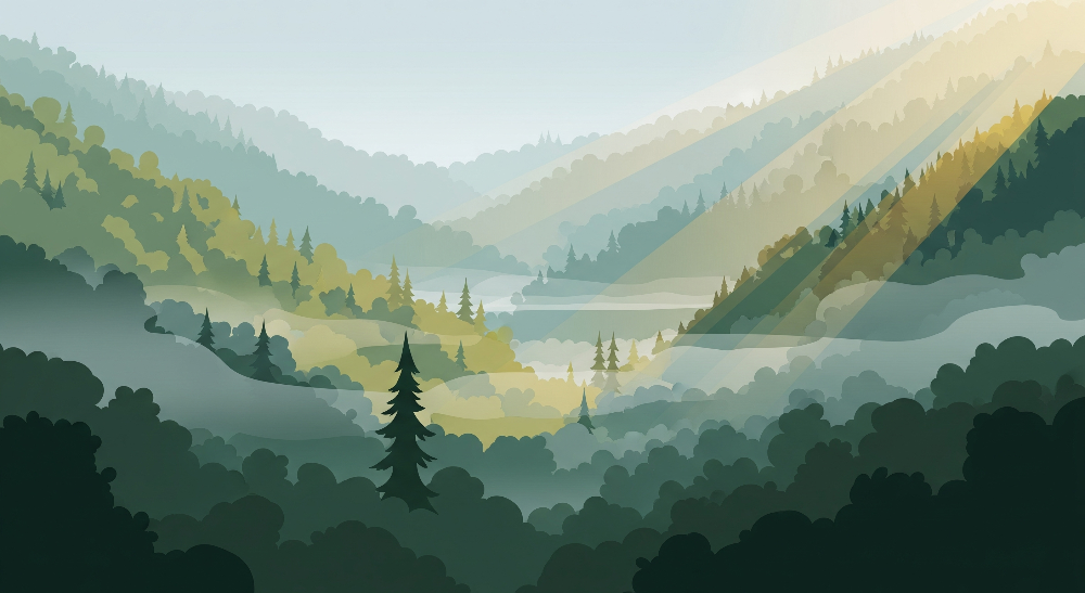 Kids-Mundo flat illustration of a misty green forest valley with sunbeams and layered mountains
