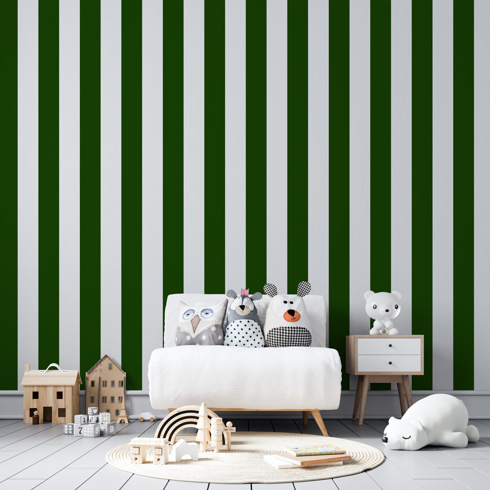 Kids-Mundo green stripe wall mural in a bright, tailored kids bedroom.