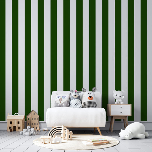 Kids-Mundo green stripe wall mural in a bright, tailored kids bedroom.