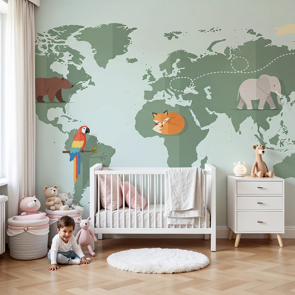 Kids-Mundo green world map wall mural with bear and fox in a children's nursery