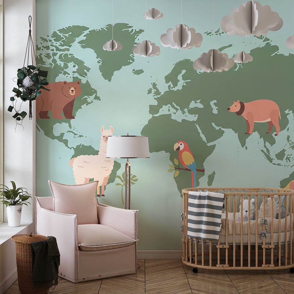 Green world map wall mural with animals by Kids-Mundo styled in a kids bedroom
