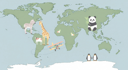 Flat artwork preview of the Kids-Mundo green world map mural with giraffe and biplane