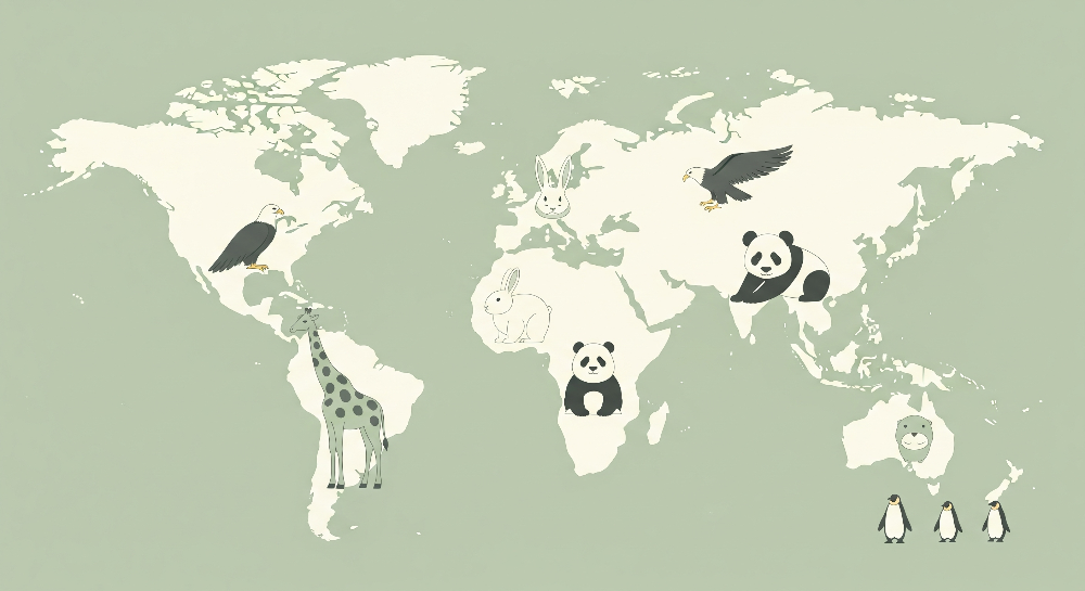 Sage Green World Map with Giraffe and Panda Wall Mural