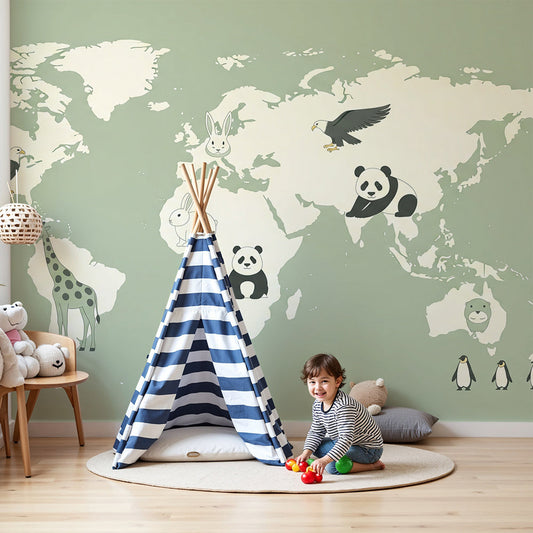 Kids-Mundo sage green world map wall mural with giraffe and panda styled in a calm nursery