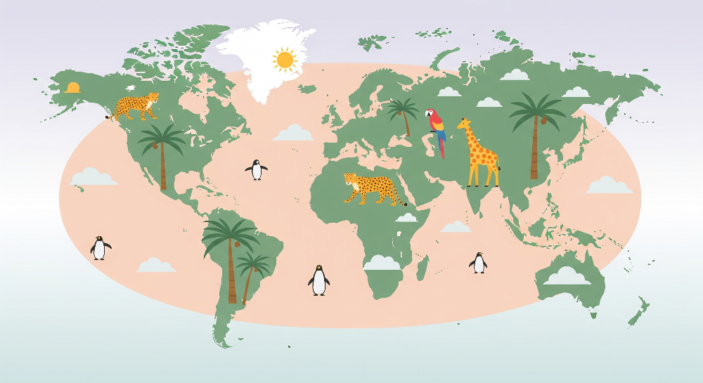 Green World Map with Palm Trees and Cheetah Wall Mural