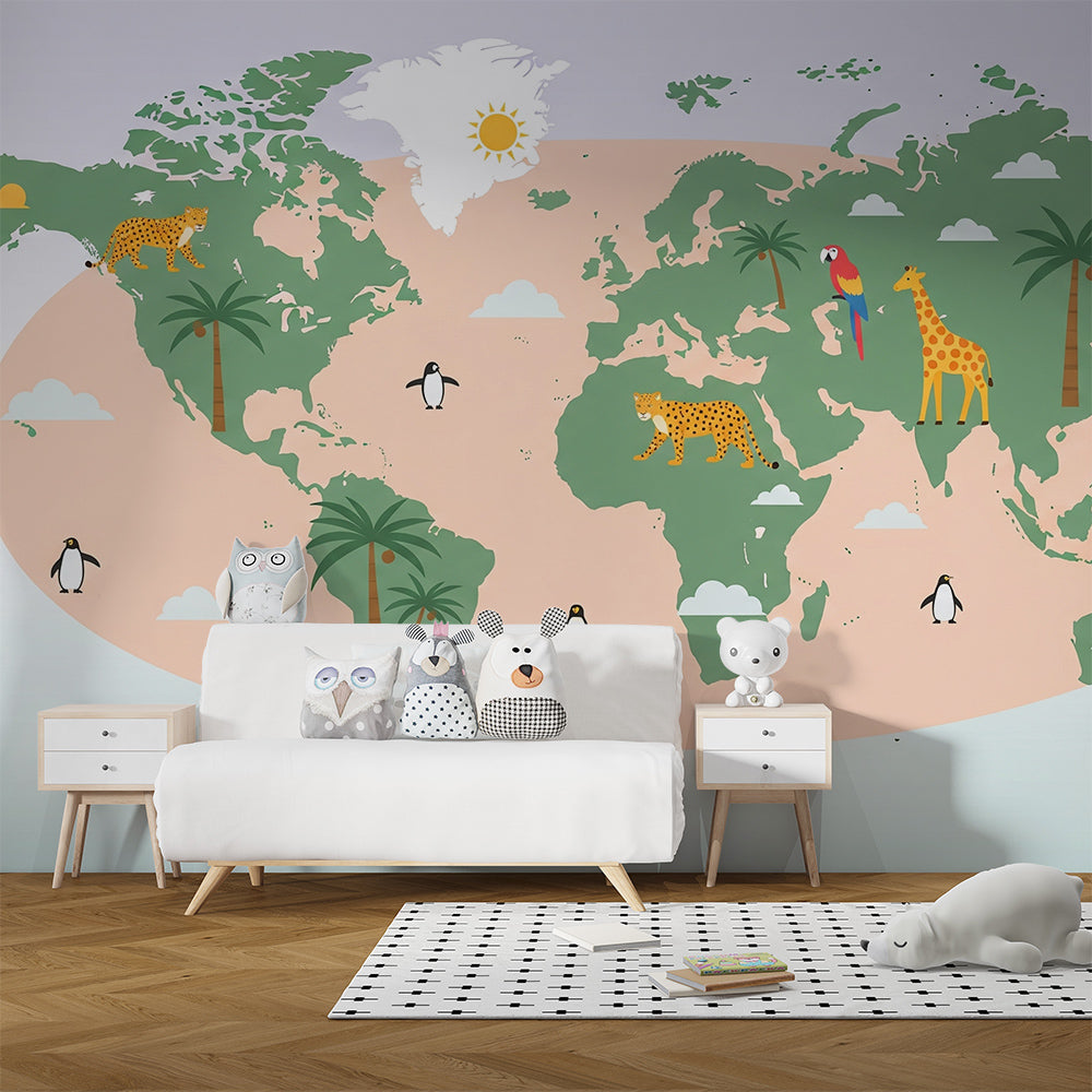 Kids-Mundo green world map wall mural with cheetah and giraffe motifs in a playroom setting