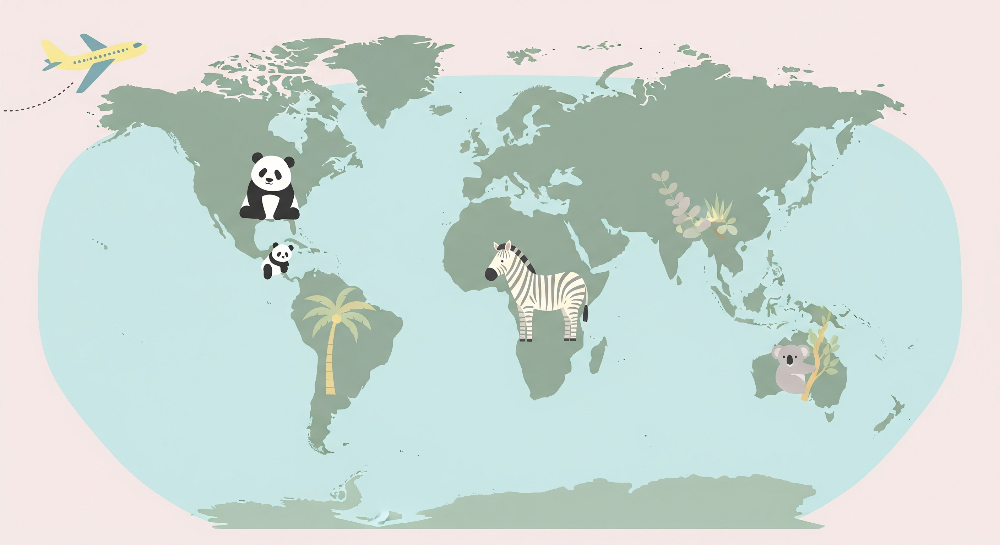Kids-Mundo flat artwork of a green world map mural with panda, zebra and koala