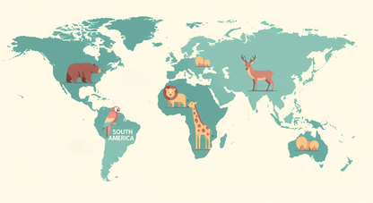 Kids-Mundo green world map artwork featuring a bear, parrot, lion, giraffe and deer