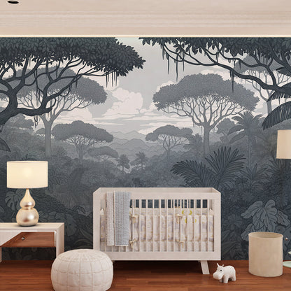 Kids-Mundo tropical jungle wall mural covering a bold feature wall in a kids bedroom