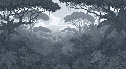Kids-Mundo grey-blue jungle artwork with layered palm leaves and hazy distant hills
