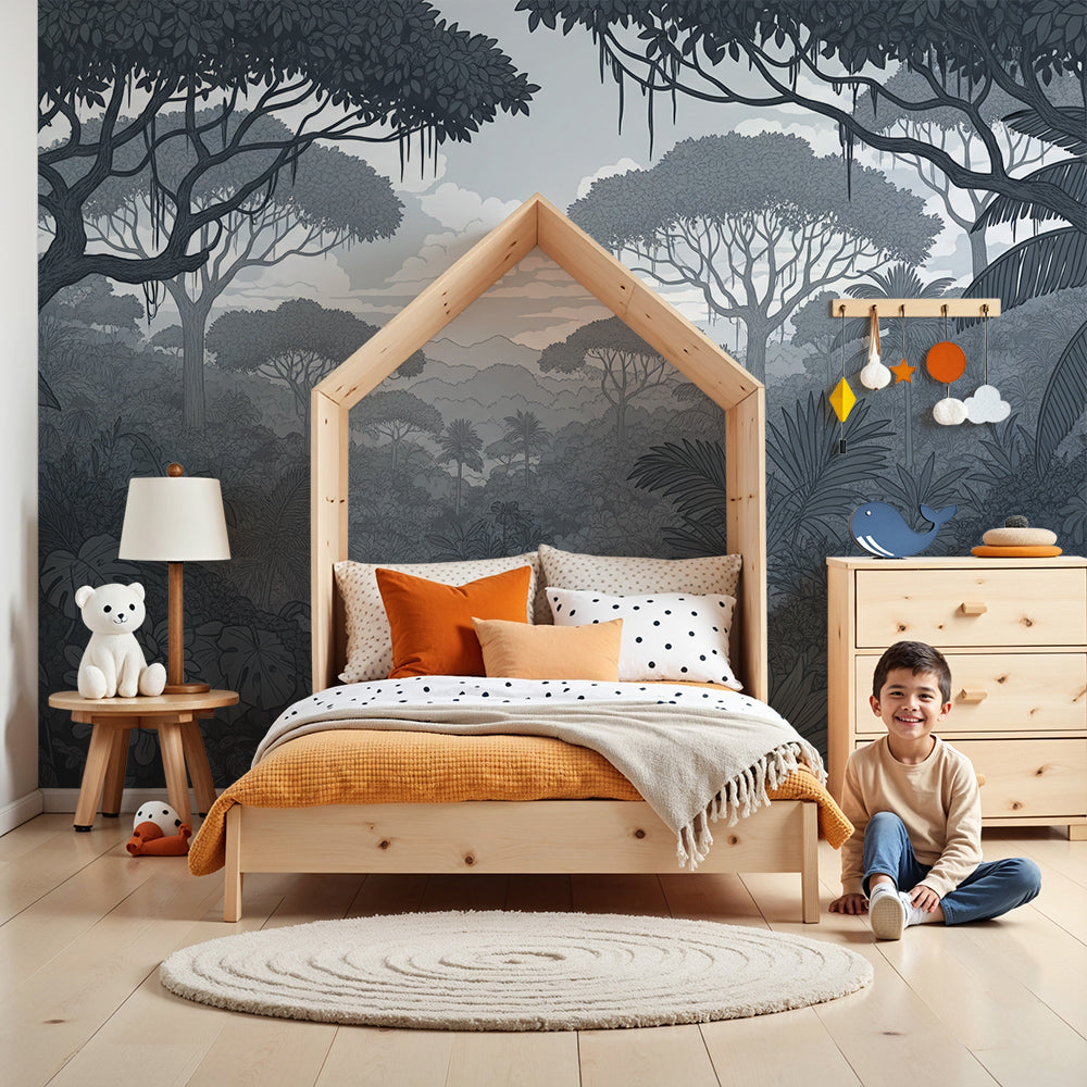 Kids-Mundo grey-blue jungle wall mural behind a cot in a calm, adventurous nursery