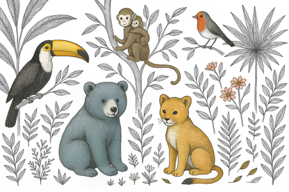 Kids-Mundo flat artwork preview of the grey line art jungle animals wall mural design