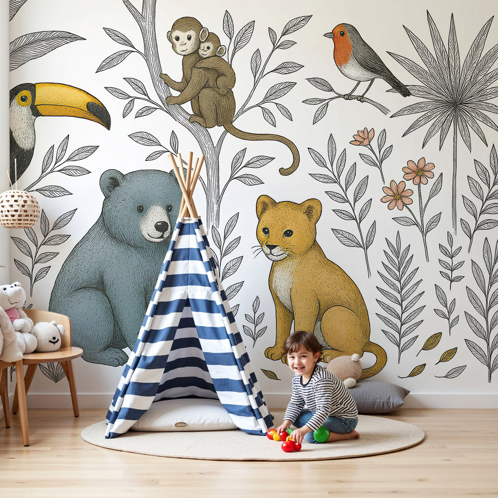 Kids-Mundo line art jungle wall mural with toucan and bear cub styled in a soft nursery