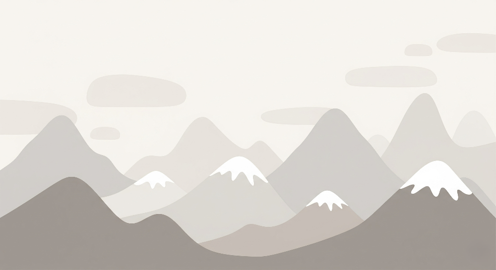 Kids-Mundo flat artwork of layered grey and taupe mountains with soft snow-capped peaks.