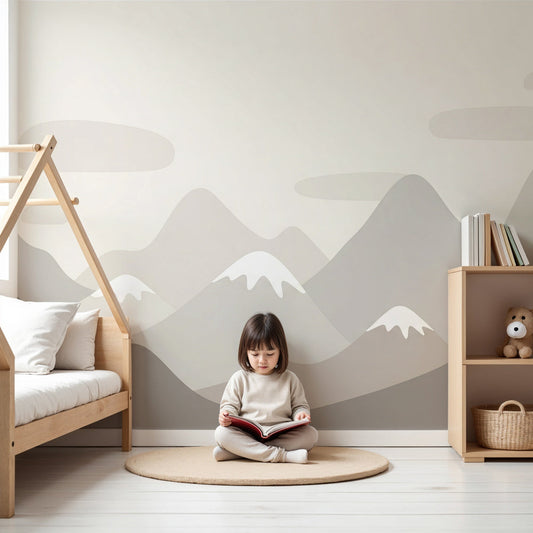 Kids-Mundo grey mountain wall mural styled in a calm, neutral nursery setting.