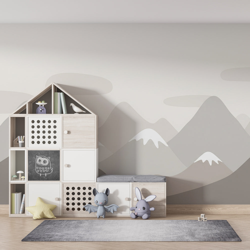 Kids-Mundo grey mountain wall mural adding quiet texture to a family playroom.