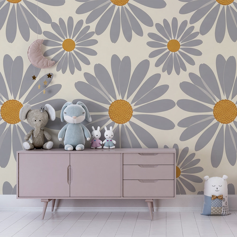 Kids-Mundo daisy wall mural in a playroom with a soft rug and a wicker toy basket.