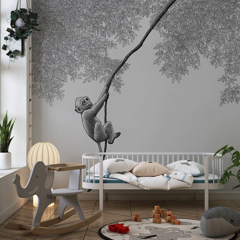 Kids-Mundo grey sketch monkey wall mural styled in a child's bedroom setting