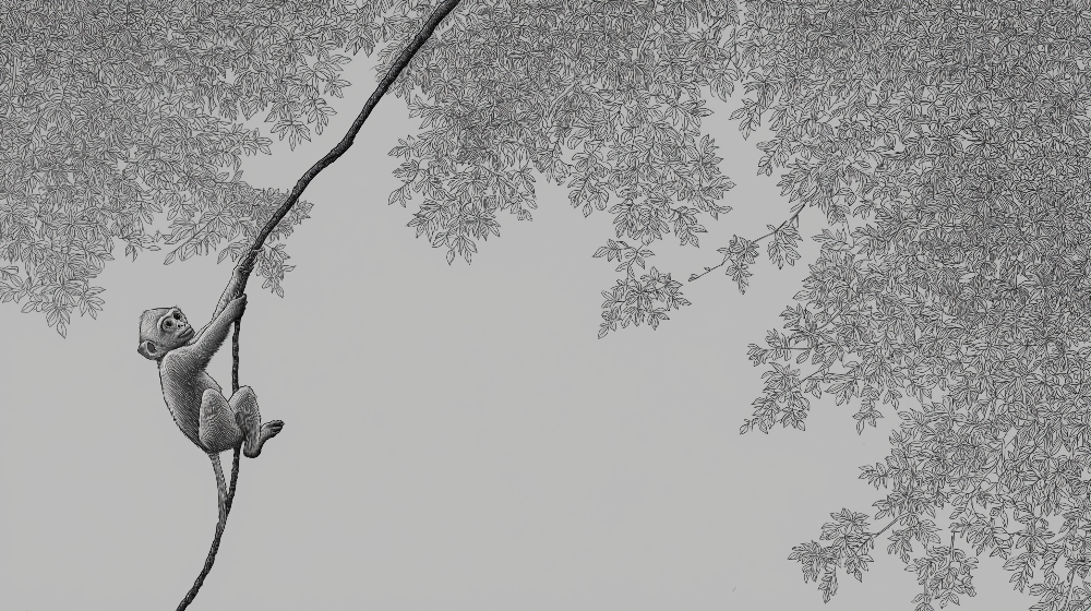 Monochrome Climbing Monkey in Leafy Branches Wall Mural