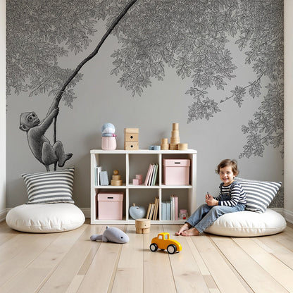 Kids-Mundo monochrome climbing monkey wall mural made to measure for a nursery feature wall