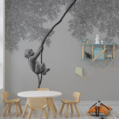 Kids-Mundo monochrome monkey climbing mural adding character to a kids' playroom wall