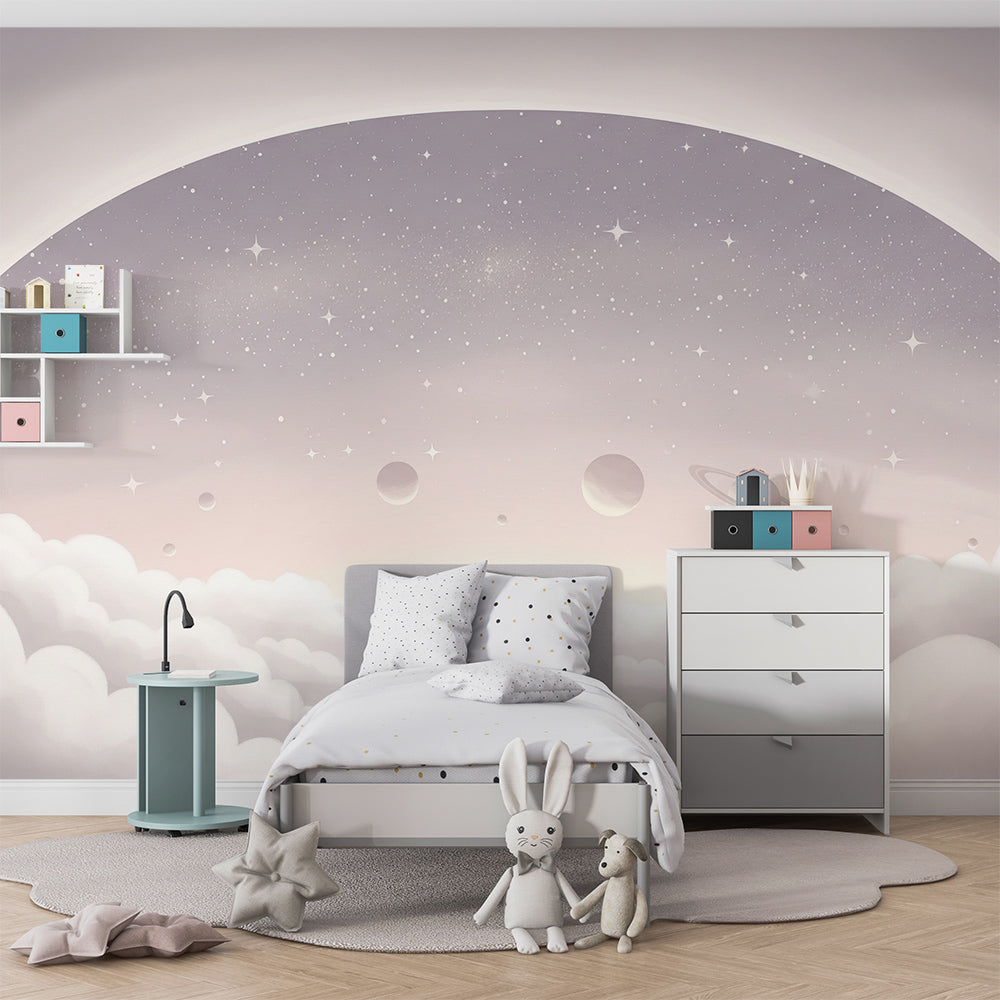 Kids-Mundo misty grey planet arch mural fitted to a bright kids bedroom wall