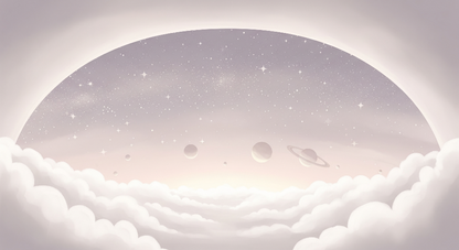 Kids-Mundo flat artwork of a misty grey arch framing ringed planets and soft clouds