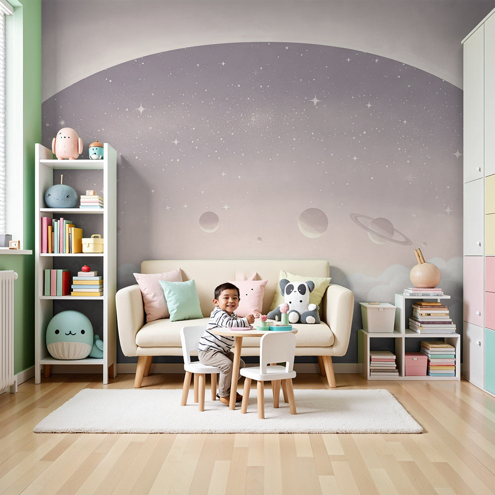 Kids-Mundo grey starry planet arch wall mural styled in a calm nursery bedroom