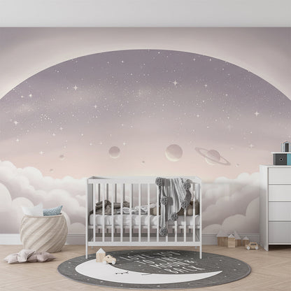 Kids-Mundo grey starry planet wallpaper design shown in a soft playroom setting