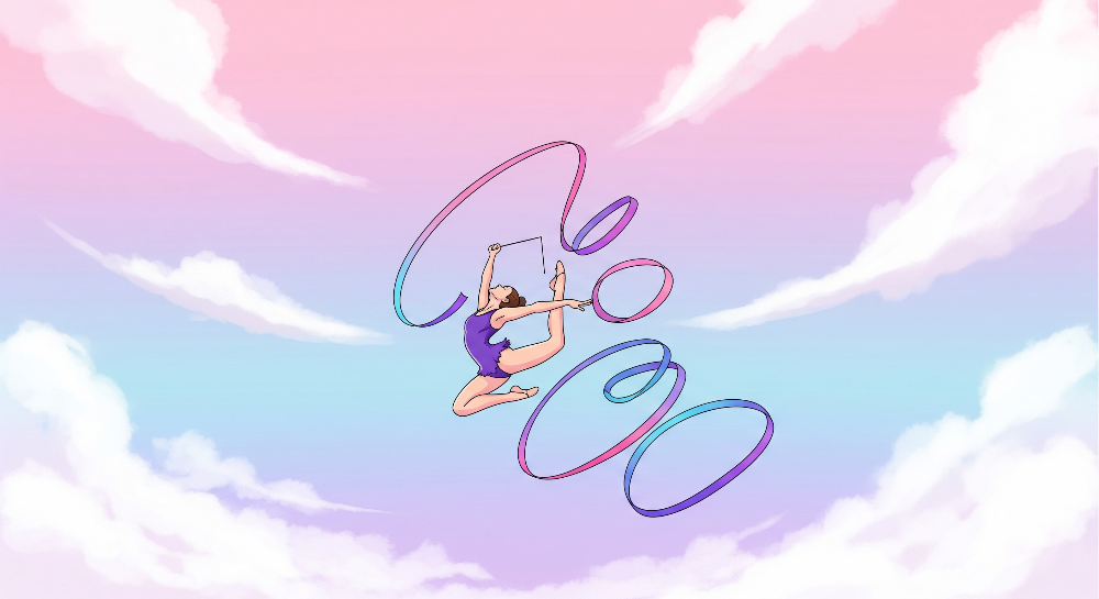 Kids-Mundo wall mural artwork of a gymnast leaping with colourful ribbon trails
