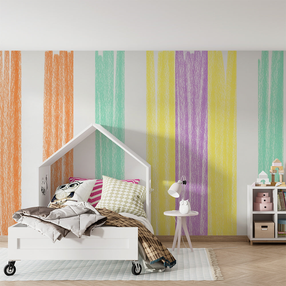 Kids-Mundo pastel crayon stripe wall mural covering a feature wall in a child's bedroom