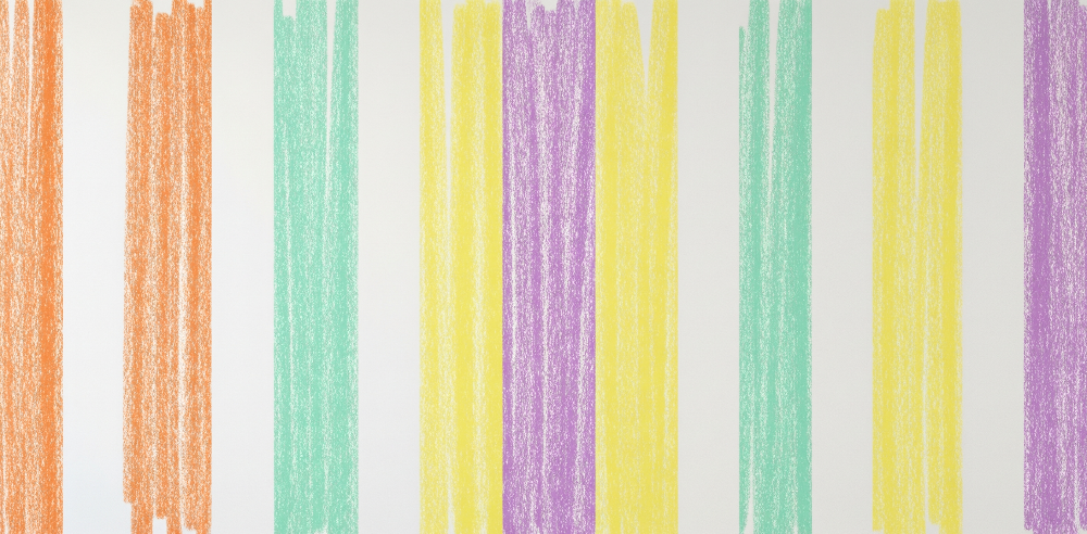 Kids-Mundo pastel crayon stripe design in coral, mint, lavender and yellow on white