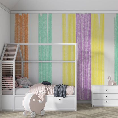 Kids-Mundo pastel crayon stripe wall mural brightening a colourful playroom wall