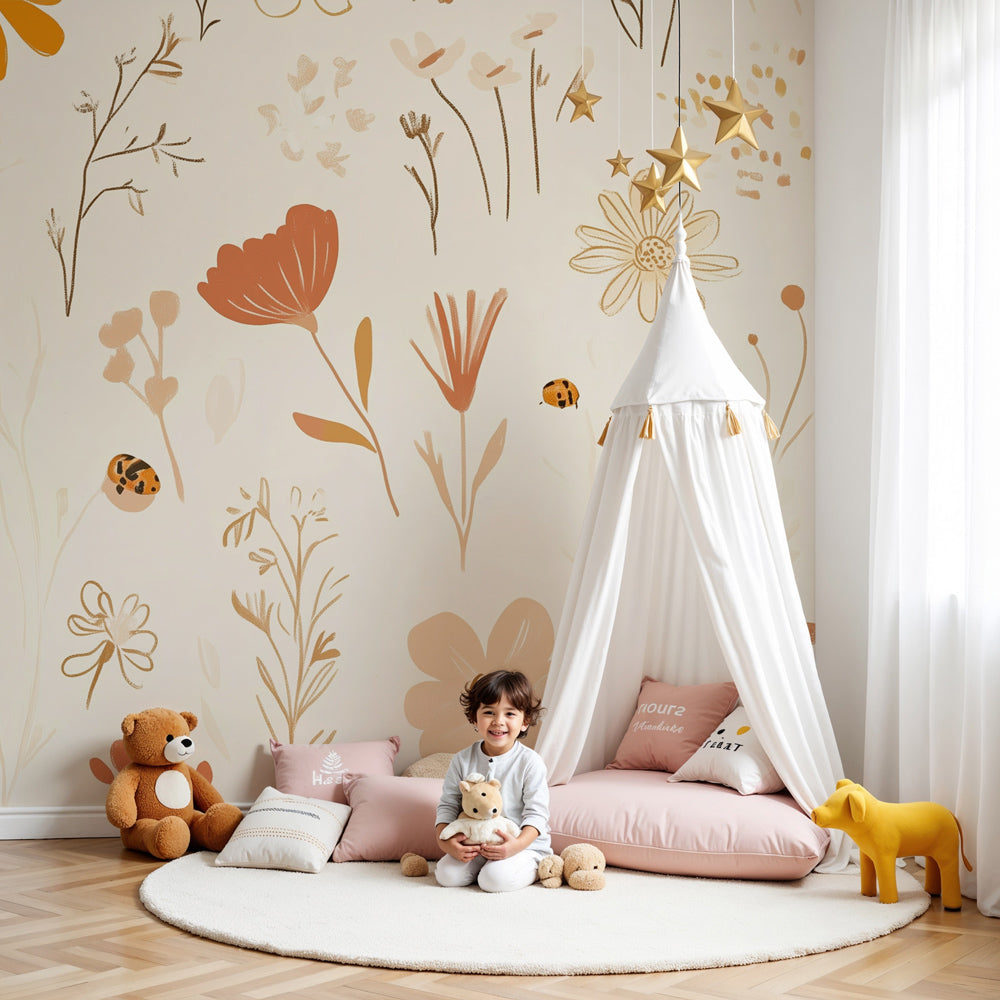 Kids-Mundo hand-drawn wildflower wall mural styled in a soft, warm-toned nursery