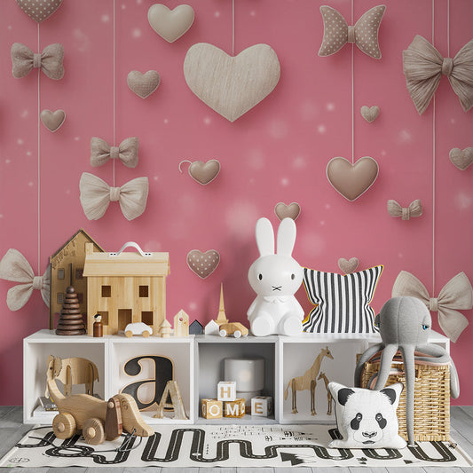 Kids-Mundo bows and hearts wall mural shown on a kids bedroom wall above a bed.