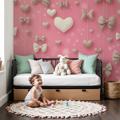 Kids-Mundo pink bows and hearts wall mural styled in a soft, romantic baby nursery.