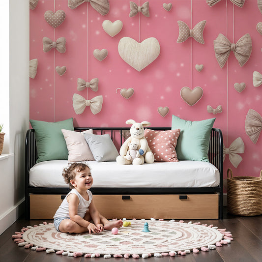 Kids-Mundo pink bows and hearts wall mural styled in a soft, romantic baby nursery.