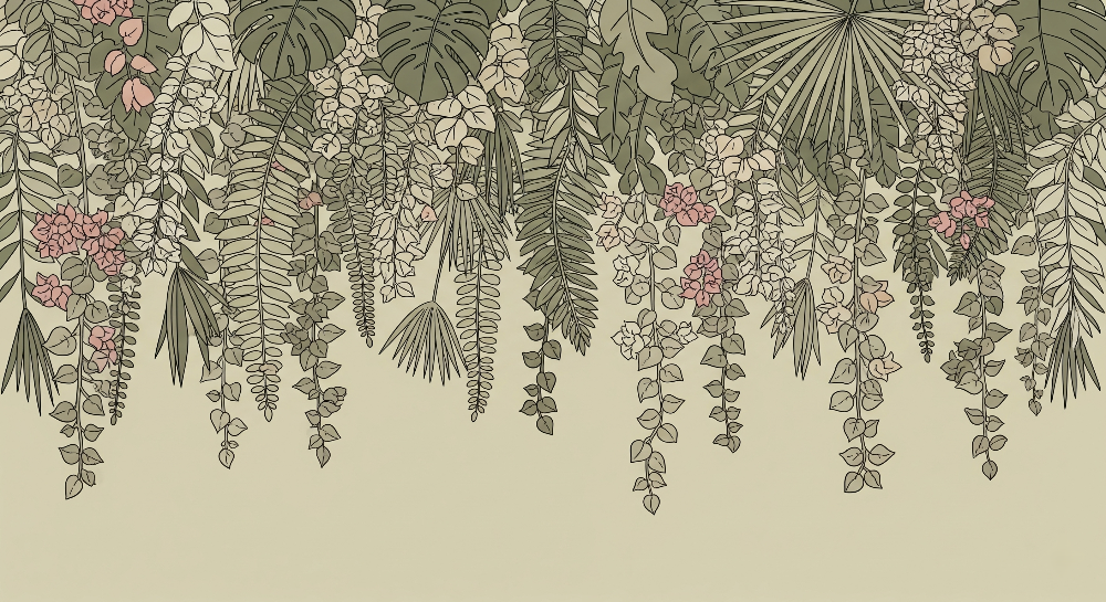 Kids-Mundo flat artwork of the hanging pink blossom and green leaf floral wall mural