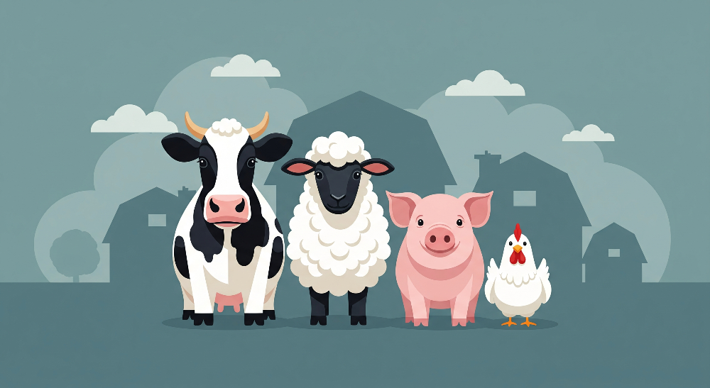 Flat artwork of the Kids-Mundo happy farm animals design with cow, sheep, pig and chicken