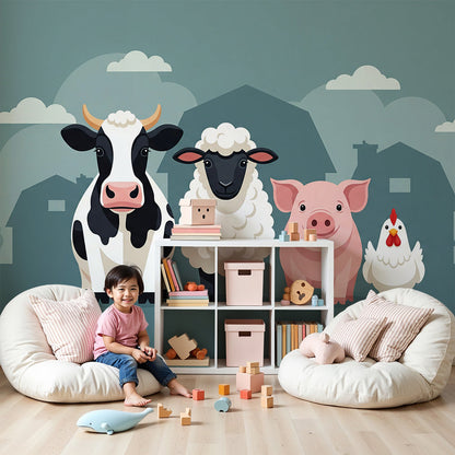 Kids-Mundo farm animals wall mural fitted above a cot in a soft teal nursery