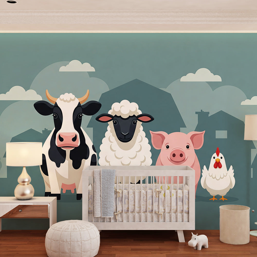 Kids-Mundo farm animals wall mural fitted in a playroom with farm toys on the floor