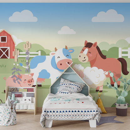 Kids-Mundo farmyard wall mural with cow, horse, pig and sheep behind a kids bedroom bed
