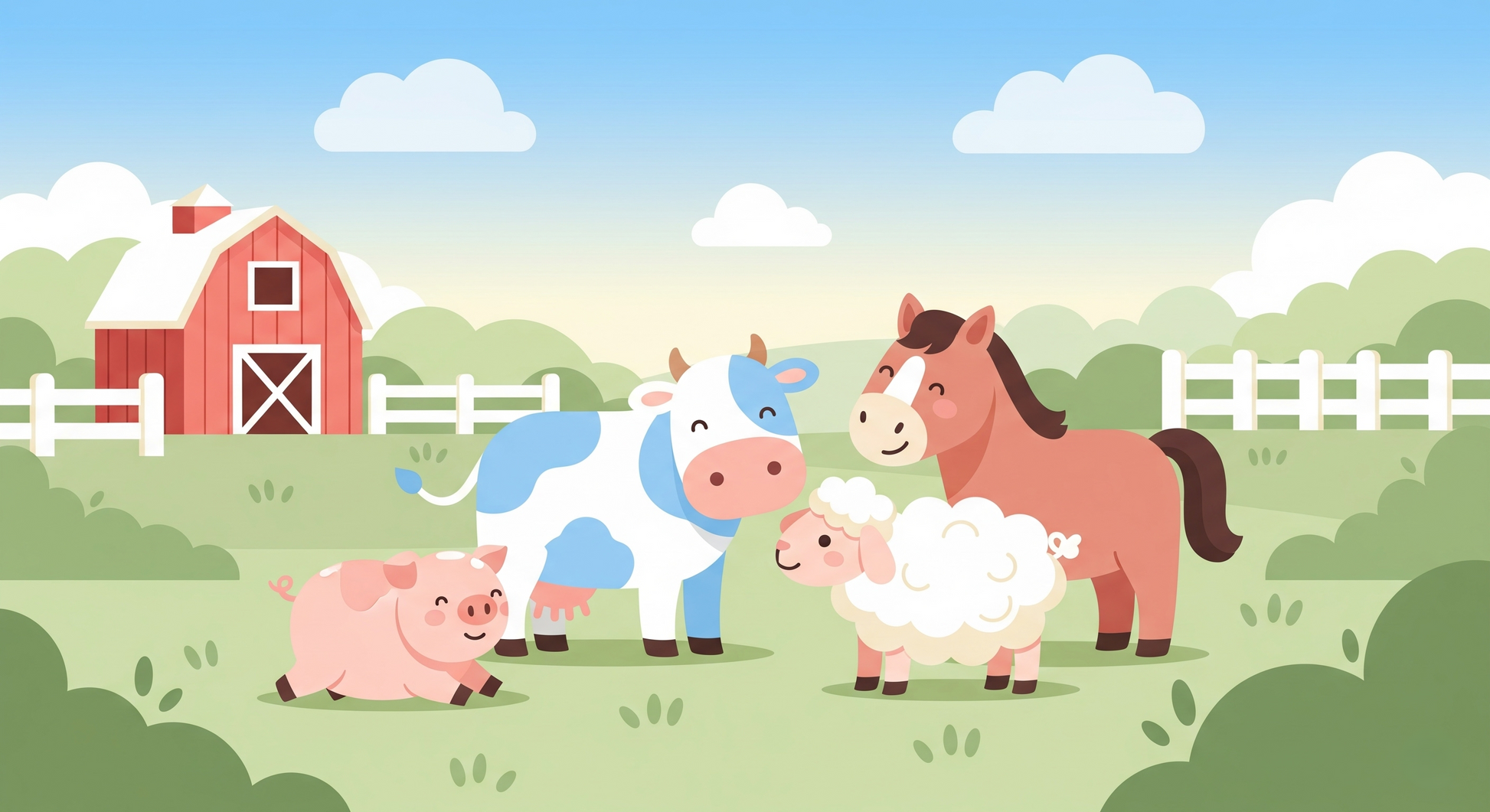 Kids-Mundo flat artwork of the happy farm animals wall mural design with barn and fence