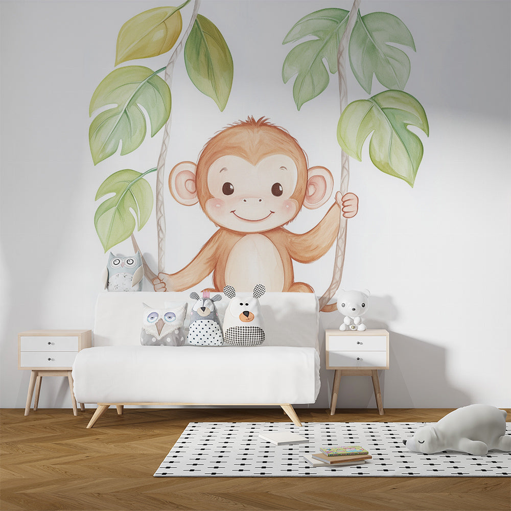 Kids-Mundo cheerful monkey on a vine swing mural styled in a child's bedroom